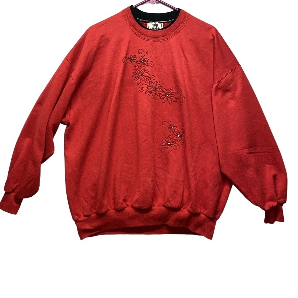 TOP STITCH Womens 2X Red Vintage Floral Embroidered Crewneck Sweatshirt Cozyโ